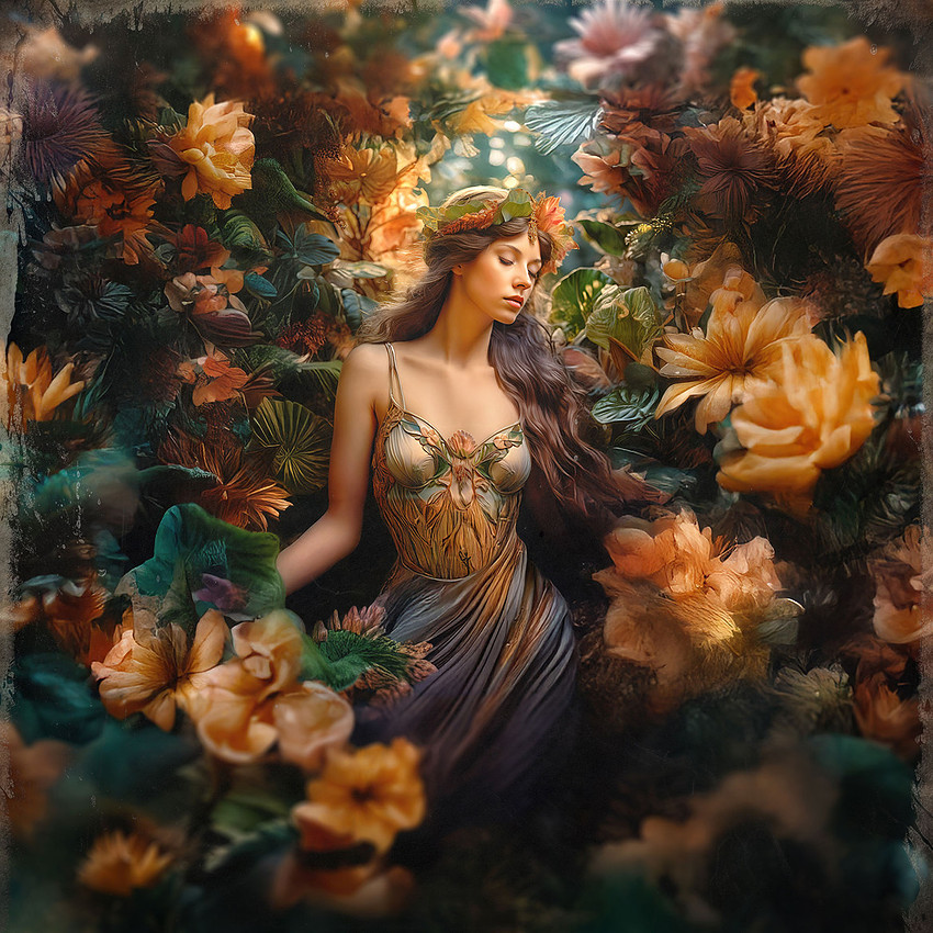 A woman with long brown hair, wearing a floral-patterned dress, sits peacefully surrounded by vibrant orange and green flowers and foliage.