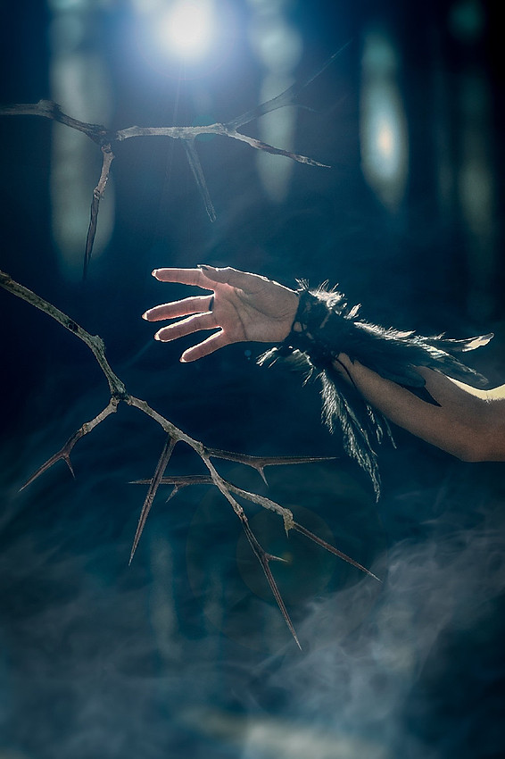 A witch’s hand reaches out, her fingers adorned with rings and arcane symbols. The air around her feels charged with unseen power, a silent invocation held within the poised movement of her grasp.