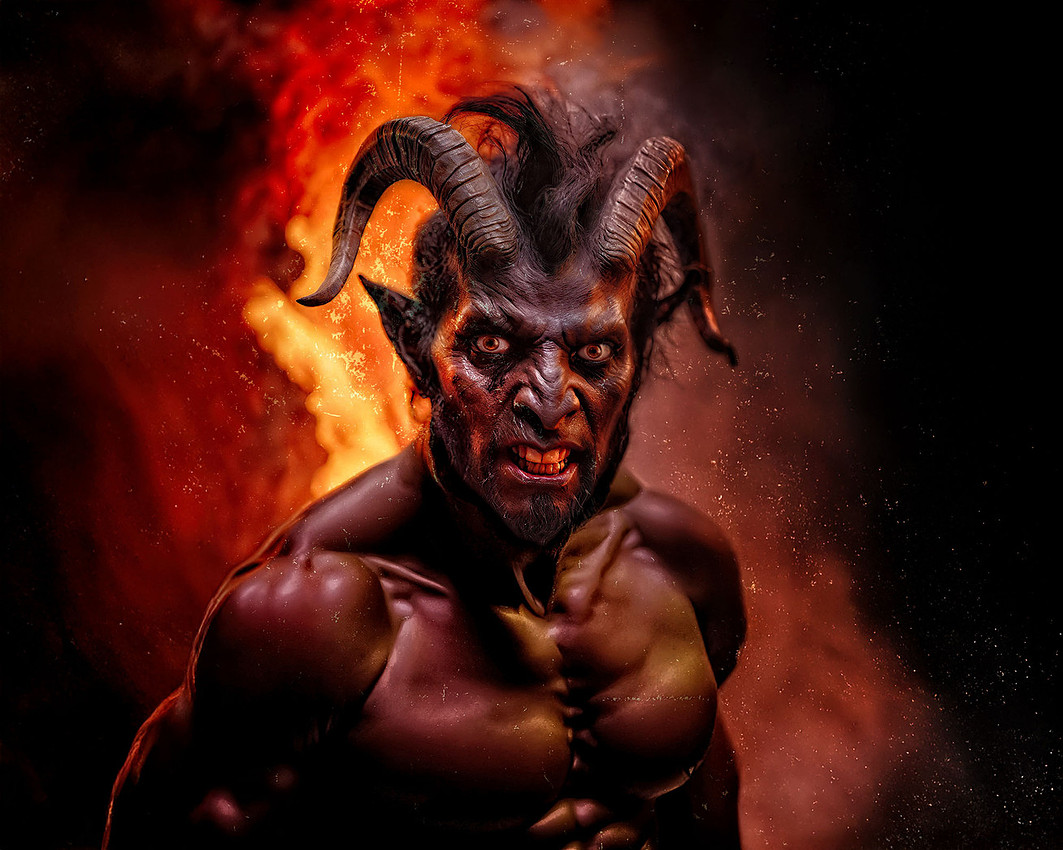 A towering, horned demon with dark skin and burning eyes stands in swirling smoke and flame, embodying Tenebrus, the Infernal Judge of darkness