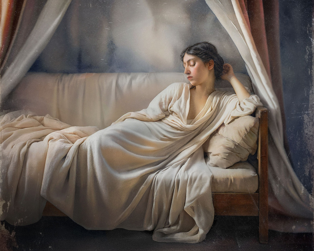 A beautiful Roman witch reclines on a divan, draped in a creme-colored robe, lost in thought.