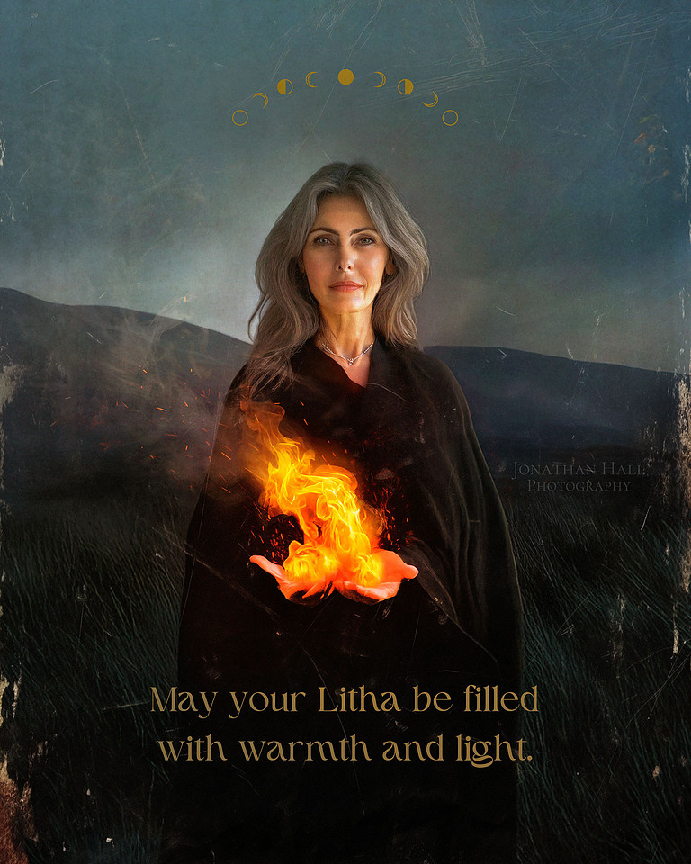 An older woman with silver hair holds her hands out, palms up, with a magical flame burning brightly—symbolizing the warmth, light, and transformative power of Litha and the Summer Solstice.